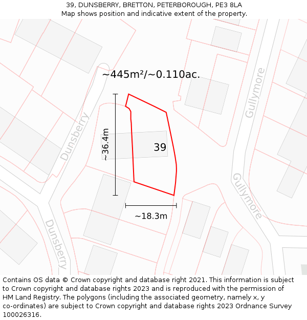 39, DUNSBERRY, BRETTON, PETERBOROUGH, PE3 8LA: Plot and title map