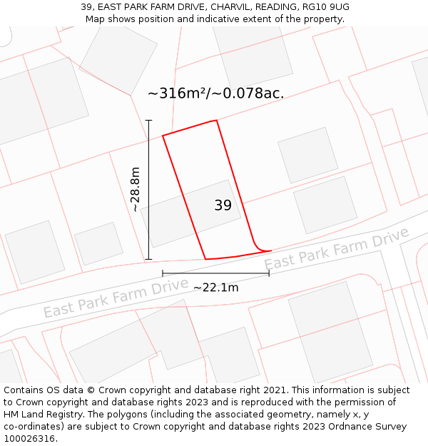 39, EAST PARK FARM DRIVE, CHARVIL, READING, RG10 9UG: Plot and title map