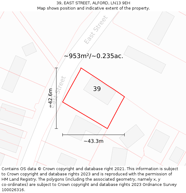 39, EAST STREET, ALFORD, LN13 9EH: Plot and title map