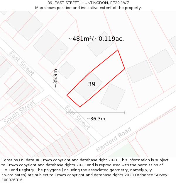 39, EAST STREET, HUNTINGDON, PE29 1WZ: Plot and title map