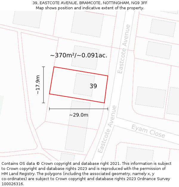 39, EASTCOTE AVENUE, BRAMCOTE, NOTTINGHAM, NG9 3FF: Plot and title map