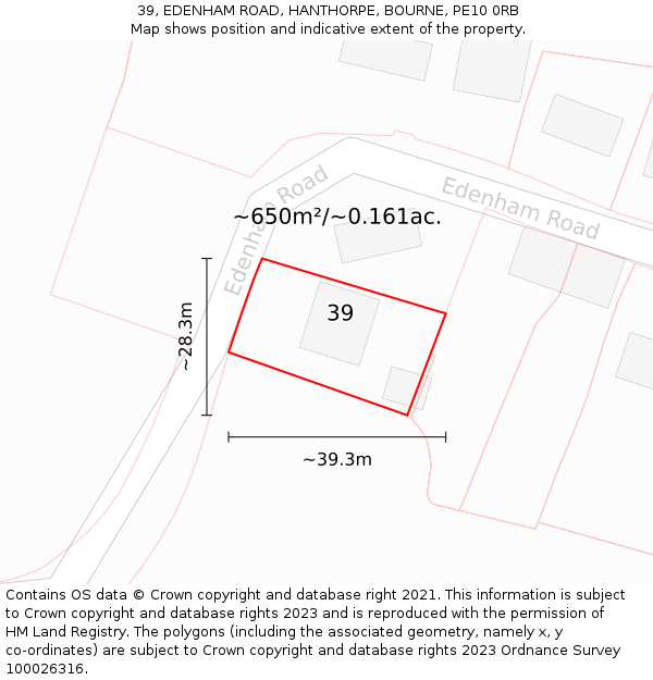 39, EDENHAM ROAD, HANTHORPE, BOURNE, PE10 0RB: Plot and title map