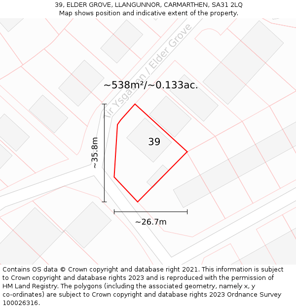 39, ELDER GROVE, LLANGUNNOR, CARMARTHEN, SA31 2LQ: Plot and title map