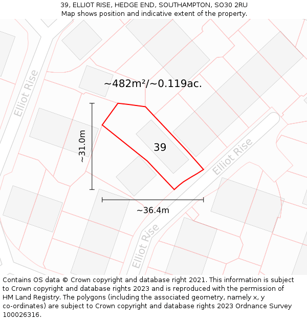 39, ELLIOT RISE, HEDGE END, SOUTHAMPTON, SO30 2RU: Plot and title map