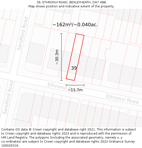 39, ETHRONVI ROAD, BEXLEYHEATH, DA7 4BB: Plot and title map