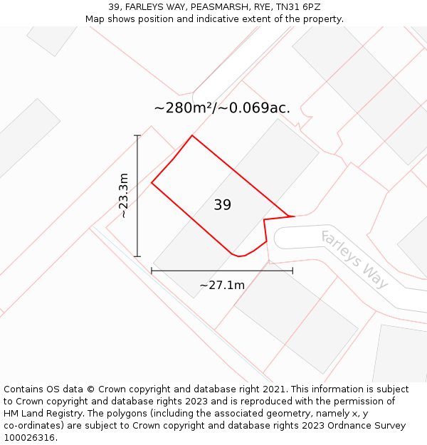 39, FARLEYS WAY, PEASMARSH, RYE, TN31 6PZ: Plot and title map