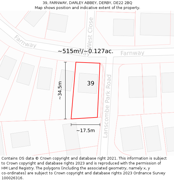 39, FARNWAY, DARLEY ABBEY, DERBY, DE22 2BQ: Plot and title map