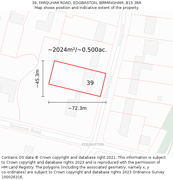 39, FARQUHAR ROAD, EDGBASTON, BIRMINGHAM, B15 3RA: Plot and title map