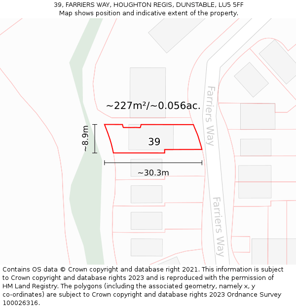 39, FARRIERS WAY, HOUGHTON REGIS, DUNSTABLE, LU5 5FF: Plot and title map