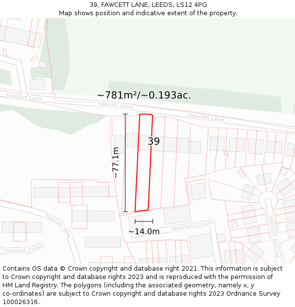 39, FAWCETT LANE, LEEDS, LS12 4PG: Plot and title map