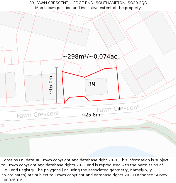 39, FAWN CRESCENT, HEDGE END, SOUTHAMPTON, SO30 2QD: Plot and title map