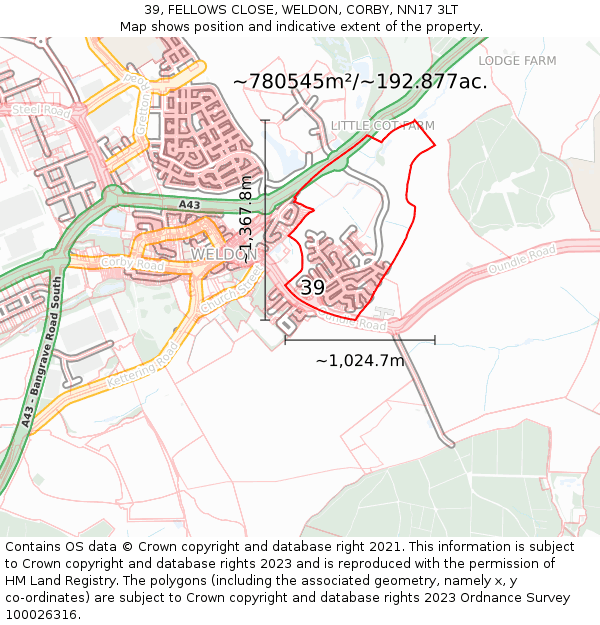 39, FELLOWS CLOSE, WELDON, CORBY, NN17 3LT: Plot and title map