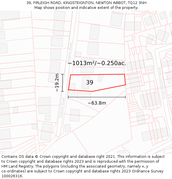 39, FIRLEIGH ROAD, KINGSTEIGNTON, NEWTON ABBOT, TQ12 3NH: Plot and title map