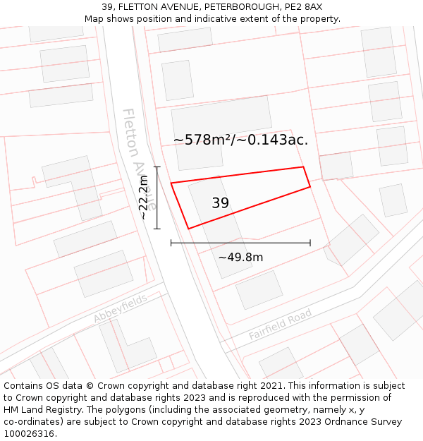 39, FLETTON AVENUE, PETERBOROUGH, PE2 8AX: Plot and title map