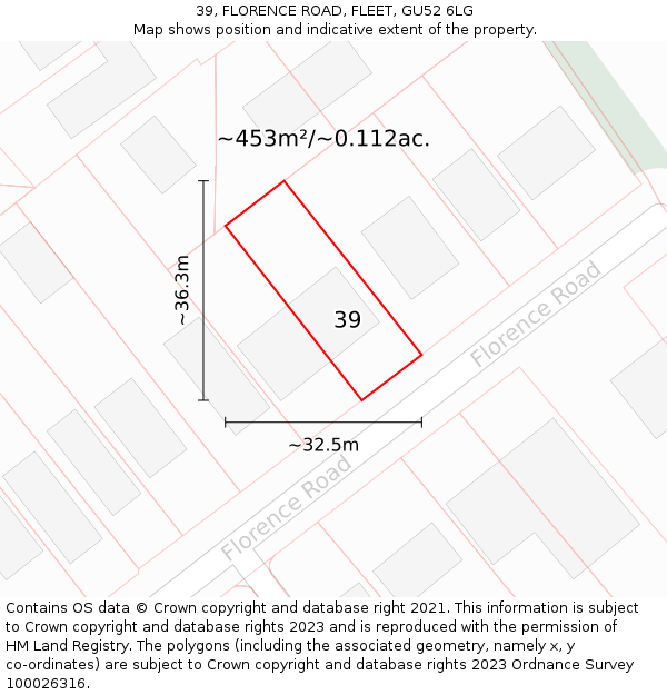 39, FLORENCE ROAD, FLEET, GU52 6LG: Plot and title map