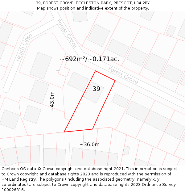 39, FOREST GROVE, ECCLESTON PARK, PRESCOT, L34 2RY: Plot and title map