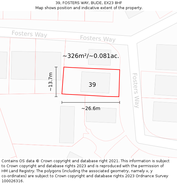 39, FOSTERS WAY, BUDE, EX23 8HF: Plot and title map