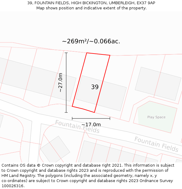 39, FOUNTAIN FIELDS, HIGH BICKINGTON, UMBERLEIGH, EX37 9AP: Plot and title map