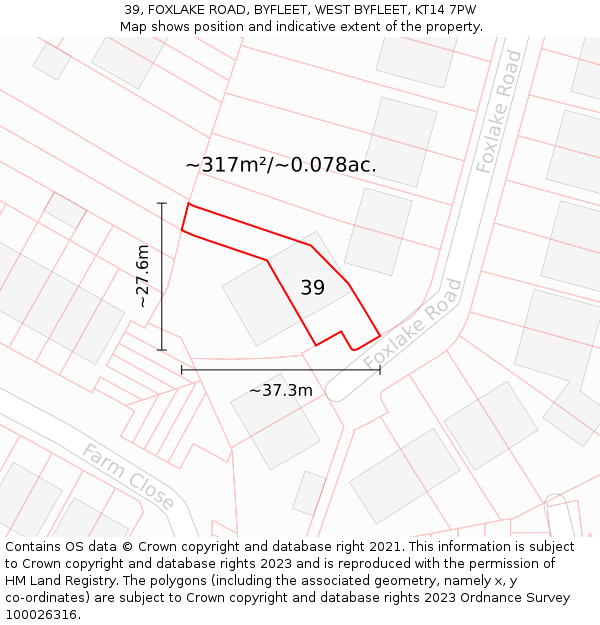 39, FOXLAKE ROAD, BYFLEET, WEST BYFLEET, KT14 7PW: Plot and title map