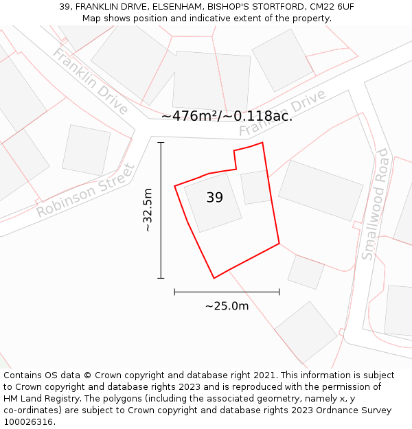 39, FRANKLIN DRIVE, ELSENHAM, BISHOP'S STORTFORD, CM22 6UF: Plot and title map