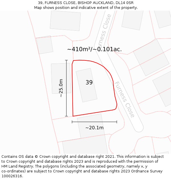 39, FURNESS CLOSE, BISHOP AUCKLAND, DL14 0SR: Plot and title map
