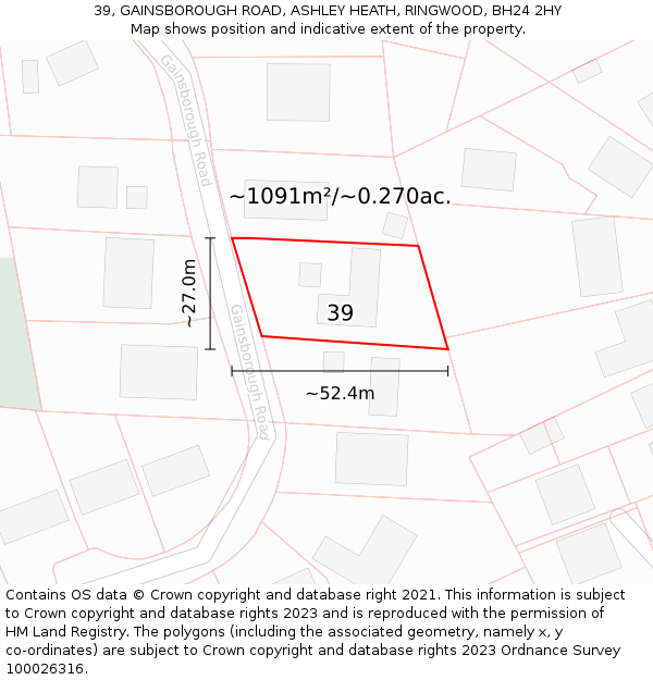 39, GAINSBOROUGH ROAD, ASHLEY HEATH, RINGWOOD, BH24 2HY: Plot and title map