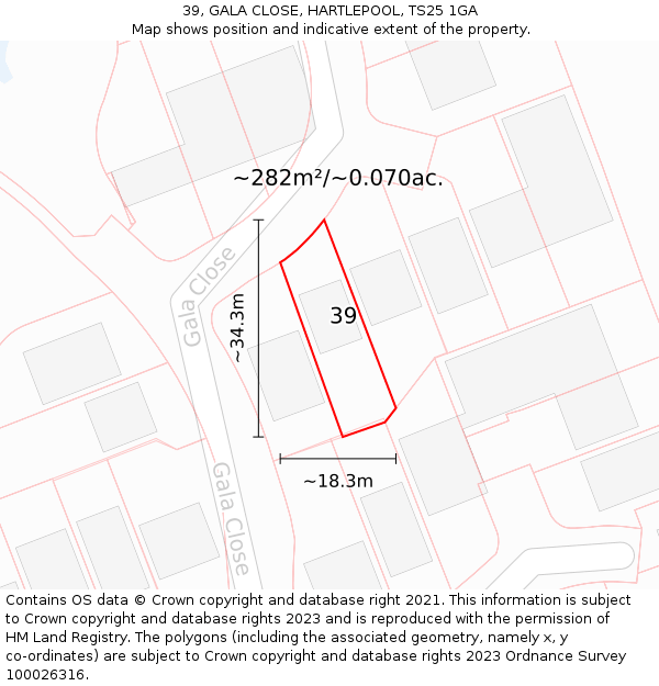 39, GALA CLOSE, HARTLEPOOL, TS25 1GA: Plot and title map
