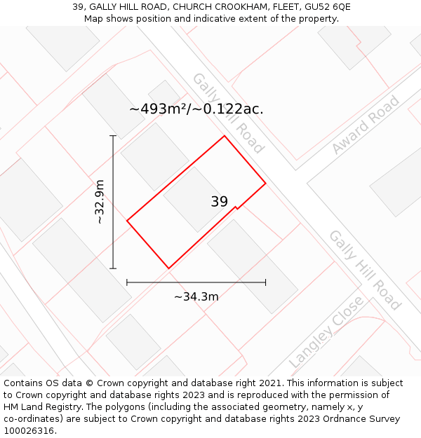 39, GALLY HILL ROAD, CHURCH CROOKHAM, FLEET, GU52 6QE: Plot and title map