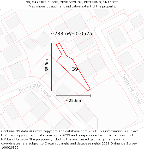 39, GAPSTILE CLOSE, DESBOROUGH, KETTERING, NN14 2TZ: Plot and title map