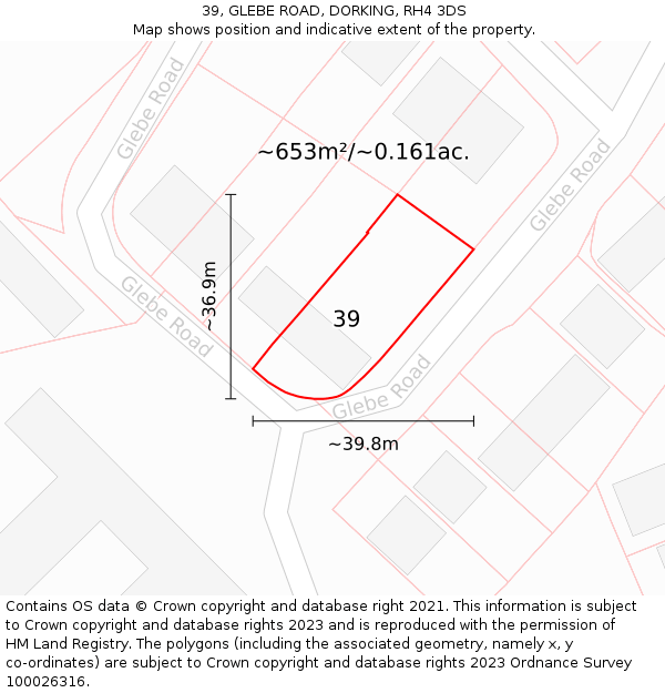 39, GLEBE ROAD, DORKING, RH4 3DS: Plot and title map