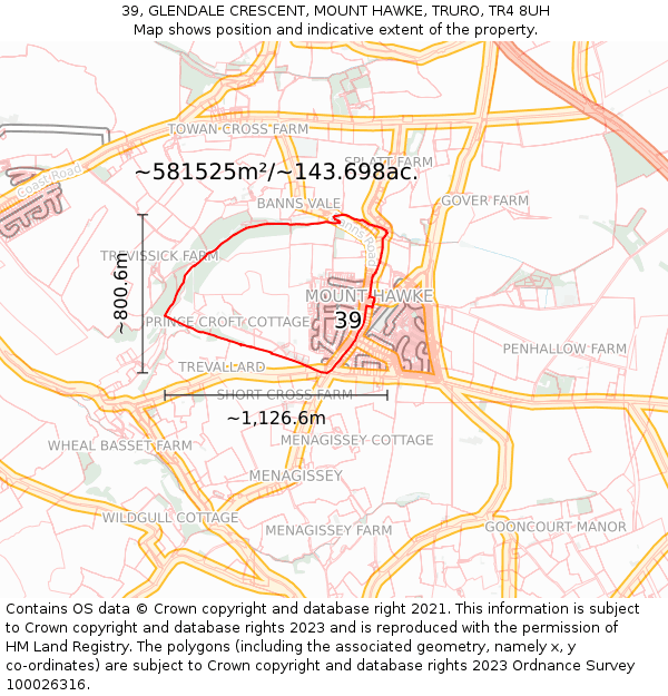 39, GLENDALE CRESCENT, MOUNT HAWKE, TRURO, TR4 8UH: Plot and title map