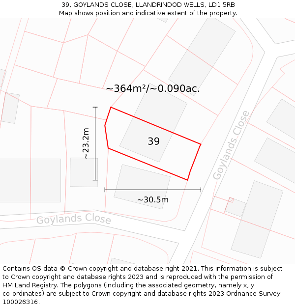 39, GOYLANDS CLOSE, LLANDRINDOD WELLS, LD1 5RB: Plot and title map