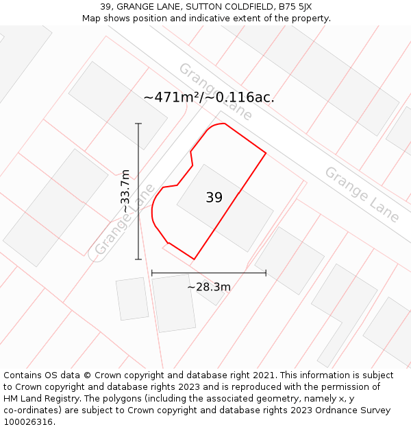 39, GRANGE LANE, SUTTON COLDFIELD, B75 5JX: Plot and title map