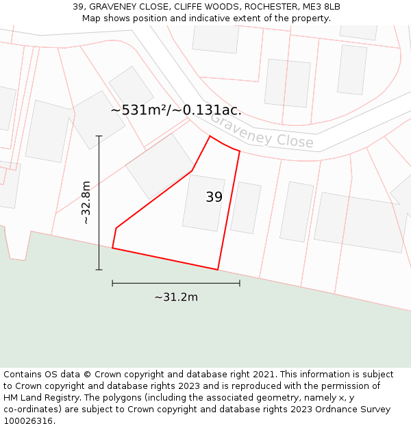 39, GRAVENEY CLOSE, CLIFFE WOODS, ROCHESTER, ME3 8LB: Plot and title map
