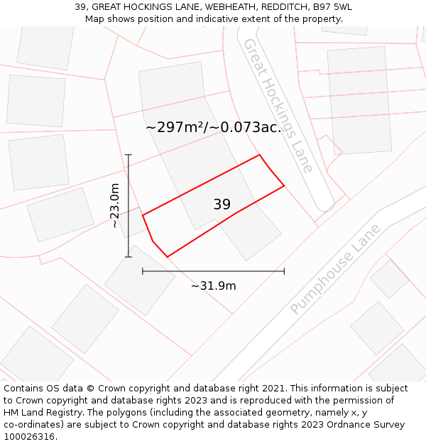 39, GREAT HOCKINGS LANE, WEBHEATH, REDDITCH, B97 5WL: Plot and title map