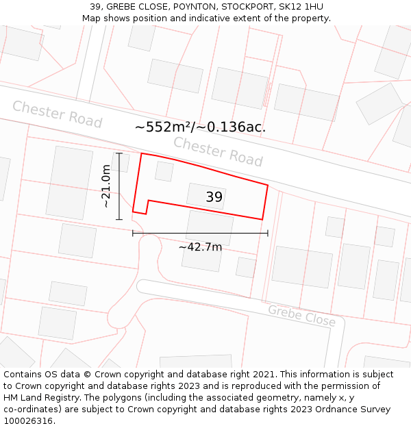 39, GREBE CLOSE, POYNTON, STOCKPORT, SK12 1HU: Plot and title map