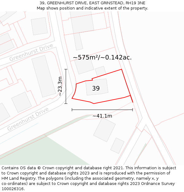 39, GREENHURST DRIVE, EAST GRINSTEAD, RH19 3NE: Plot and title map