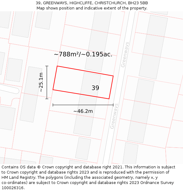 39, GREENWAYS, HIGHCLIFFE, CHRISTCHURCH, BH23 5BB: Plot and title map