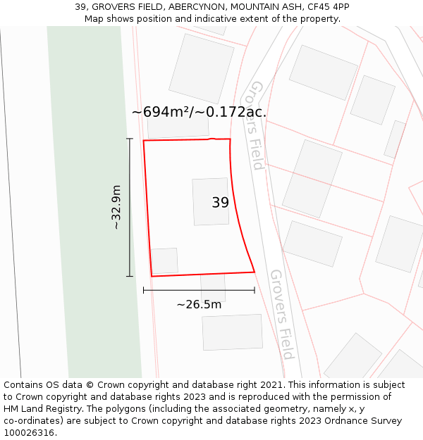 39, GROVERS FIELD, ABERCYNON, MOUNTAIN ASH, CF45 4PP: Plot and title map