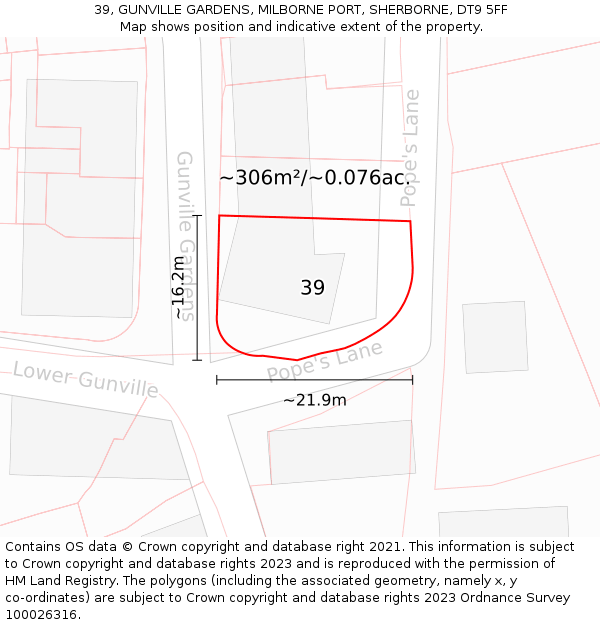39, GUNVILLE GARDENS, MILBORNE PORT, SHERBORNE, DT9 5FF: Plot and title map