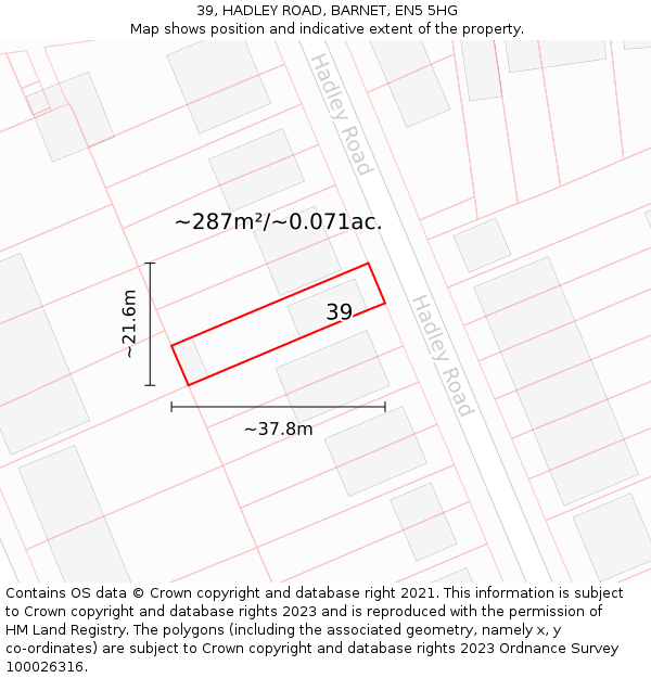39, HADLEY ROAD, BARNET, EN5 5HG: Plot and title map