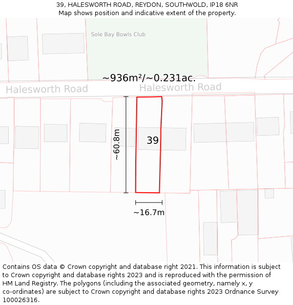 39, HALESWORTH ROAD, REYDON, SOUTHWOLD, IP18 6NR: Plot and title map