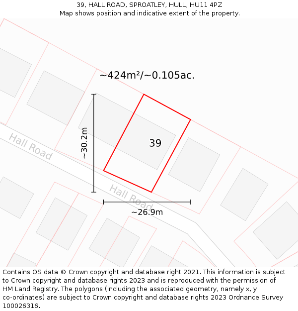 39, HALL ROAD, SPROATLEY, HULL, HU11 4PZ: Plot and title map
