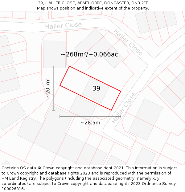 39, HALLER CLOSE, ARMTHORPE, DONCASTER, DN3 2FF: Plot and title map