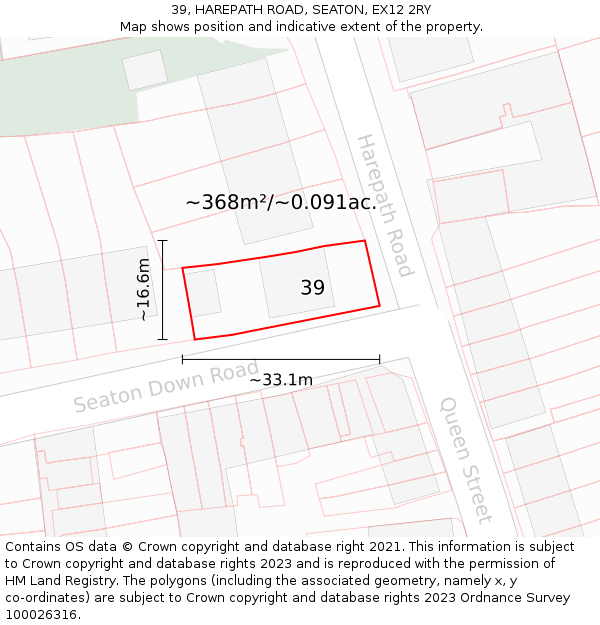 39, HAREPATH ROAD, SEATON, EX12 2RY: Plot and title map