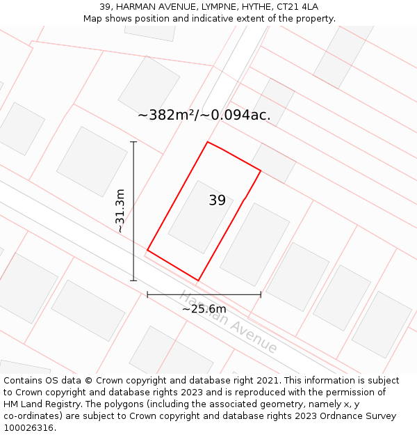 39, HARMAN AVENUE, LYMPNE, HYTHE, CT21 4LA: Plot and title map