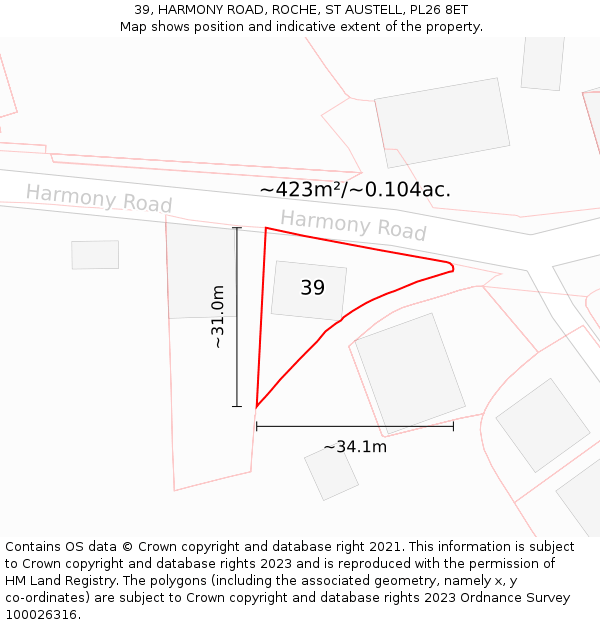 39, HARMONY ROAD, ROCHE, ST AUSTELL, PL26 8ET: Plot and title map
