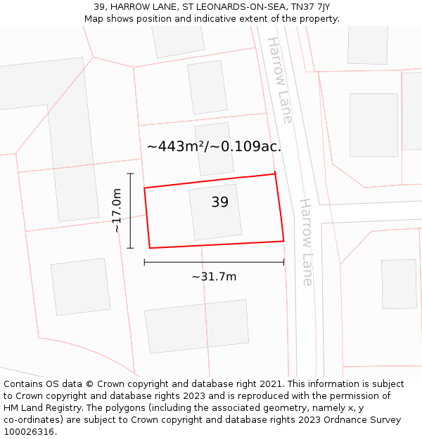 39, HARROW LANE, ST LEONARDS-ON-SEA, TN37 7JY: Plot and title map