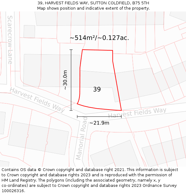 39, HARVEST FIELDS WAY, SUTTON COLDFIELD, B75 5TH: Plot and title map