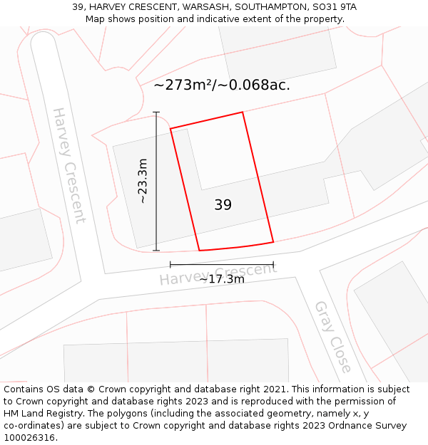39, HARVEY CRESCENT, WARSASH, SOUTHAMPTON, SO31 9TA: Plot and title map